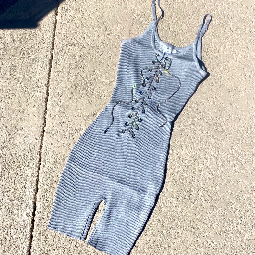 Gray Rhinestone String Shorts Romper